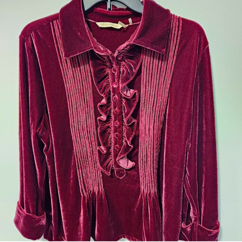 Soft Surroundings Vintage Ruffle Look Velvet Top- Cranberry Color- Large